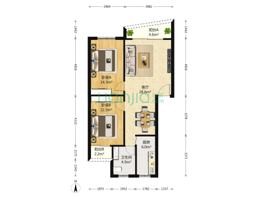 爱地花园 2室1厅1卫 93平方