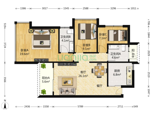 水木丹华 3室1厅2卫 89平方