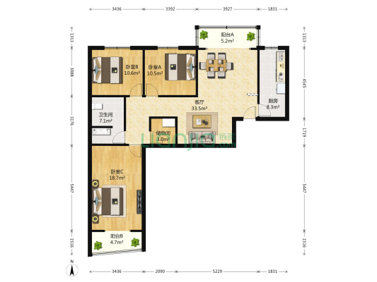源升府邻竹园 3室1厅1卫 138平方