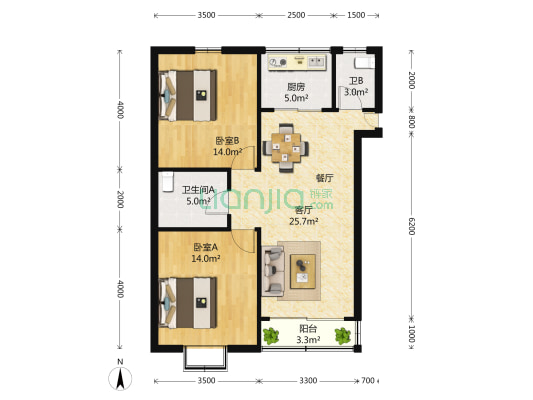 中艺花园 2室2厅2卫 114平方