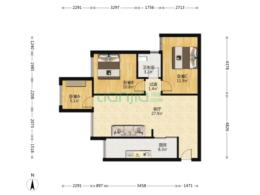 奥特莱斯旁 业主住家精装三房  拎包入住-户型图