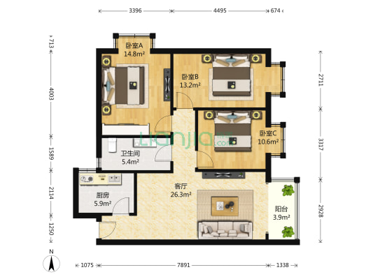 朝阳捷座 3室1厅1卫 107平方