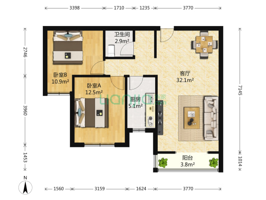 奥林匹克花园玉兰苑 2室1厅1卫 97平方
