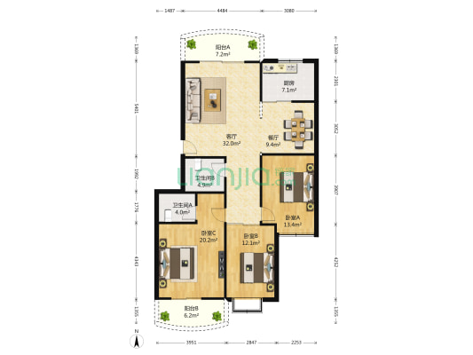 万景花园 3室2厅2卫 135平方