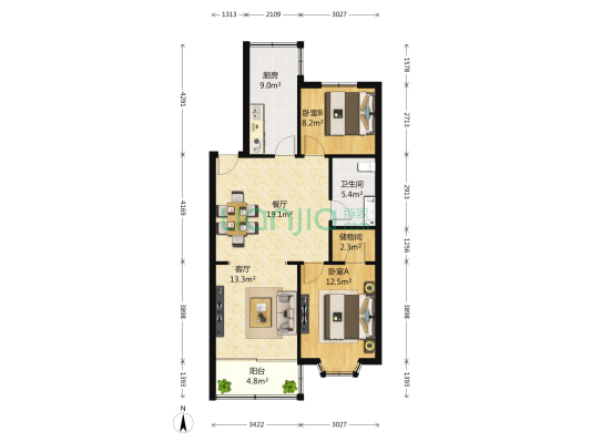 紫林公寓 2室2厅1卫 91平方