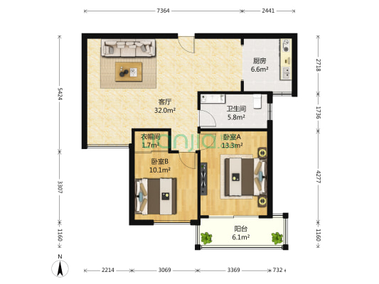 海信静湖琅园 2室1厅1卫 105平方