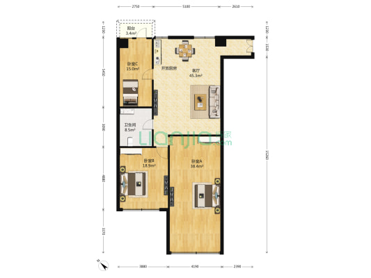 法华门大厦 3室2厅1卫 154平方