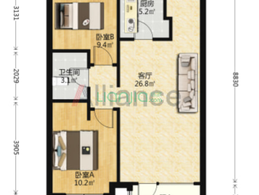 房子是南北通透的，中间楼层，采光没有遮挡-户型图