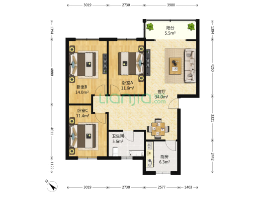 棠湖家苑 3室1厅1卫 110平方