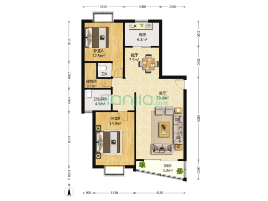 名庭花苑 2室2厅2卫 126平方