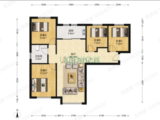 鸿坤理想湾南区 2室2厅 南 北-户型图