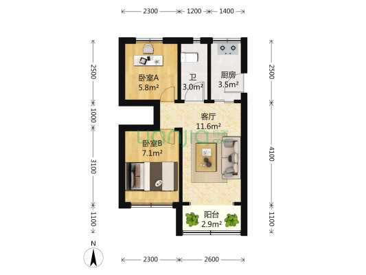 双城路2弄 2室1厅1卫 102平方