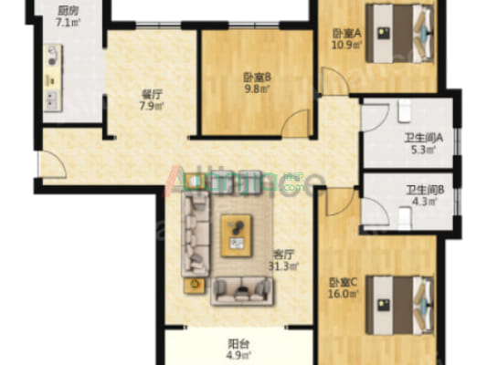高铁新干线 4室2厅 南 北-户型图