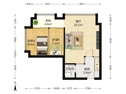 宋都奥体名座 2室1厅1卫 63平方