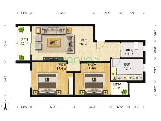鑫都佳园 2室2厅1卫 91平方