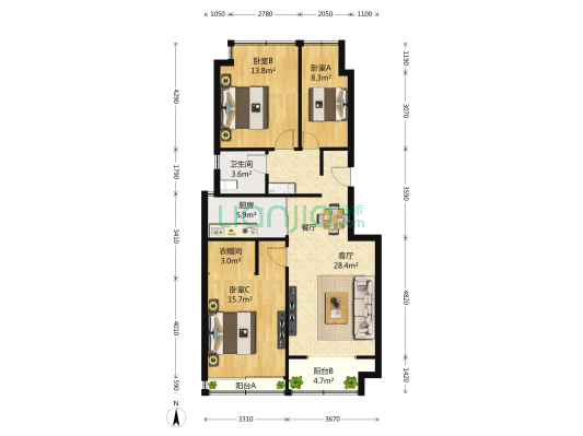 象屿鼎城(公寓) 3室2厅1卫 91平方