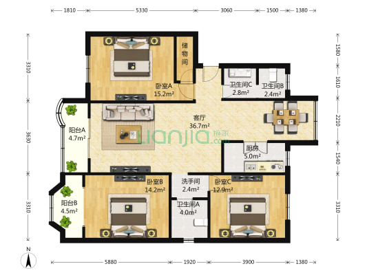 东苑锦都花园 3室2厅2卫 137平方