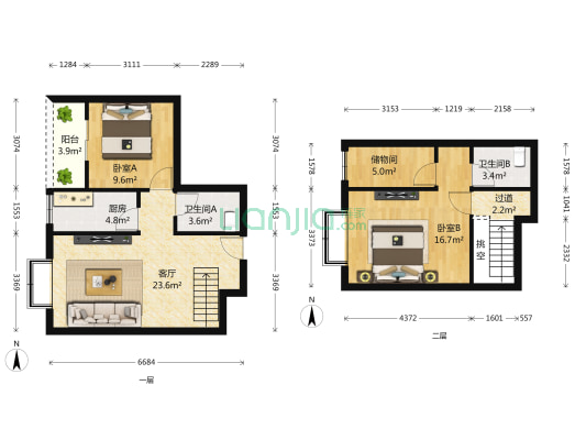 超洋花园 2室1厅2卫 97平方