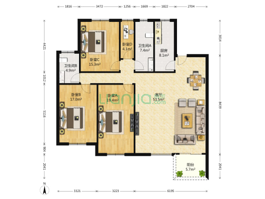环海君和花园 4室1厅2卫 180平方
