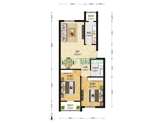 仁爱花园 2室1厅1卫 96平方