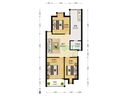 新河二村 3室1厅1卫 89平方