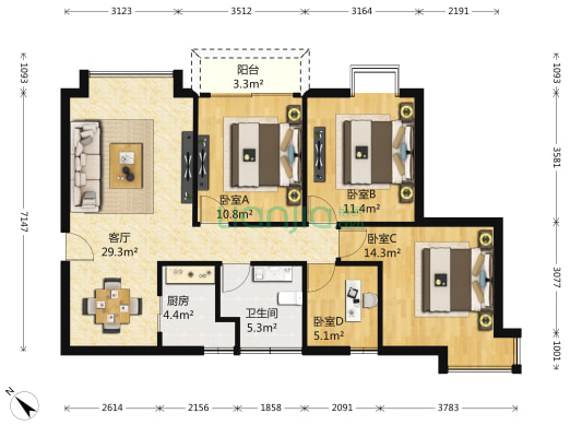 天健阳光华苑 4室1厅1卫 104平方