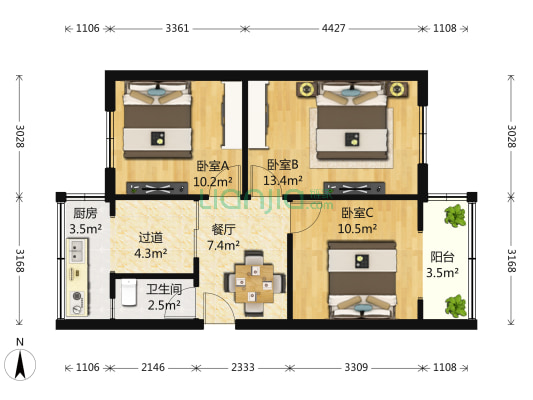 二环路北四段5号 3室1厅1卫 68平方