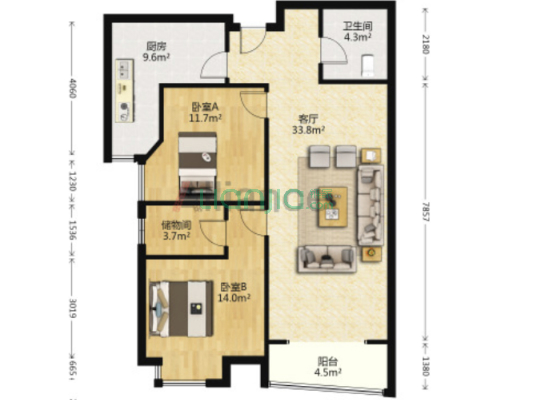 全南两居毛坯房，高楼层，采光好，无遮挡。-户型图
