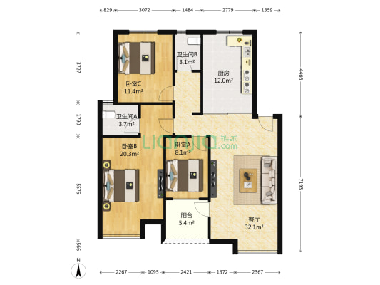 江南庭园 3室1厅2卫 120平方