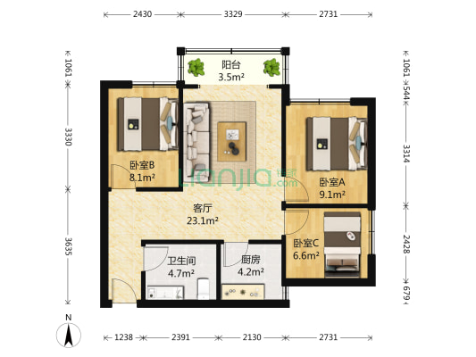 牛沙小区 3室1厅1卫 75平方