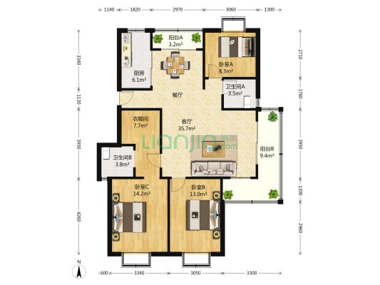 上海春城 3室2厅2卫 129平方