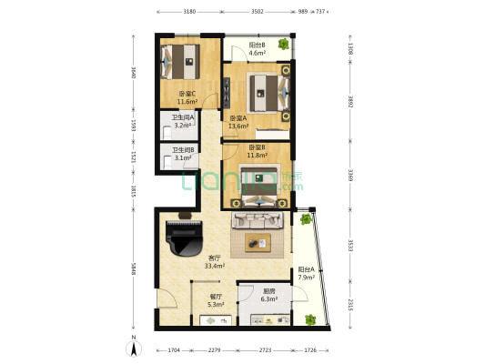宣兴大厦 3室2厅2卫 126平方