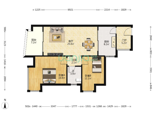 香弥山两房业主急售拎包入住 户型方正生活方便-户型图