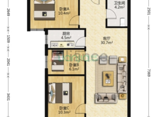 鸿坤小三居，满二，带装修，低楼层，出行方便-户型图
