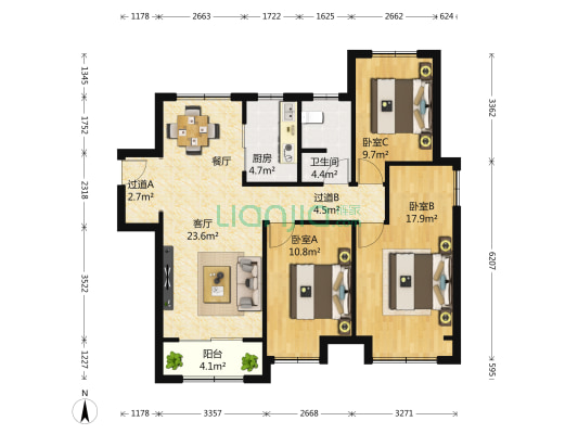 信达天御悦澜园 3室1厅1卫 110平方