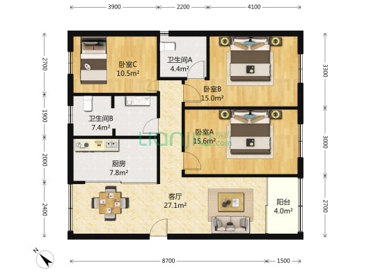 新桥商苑 3室1厅2卫 132平方