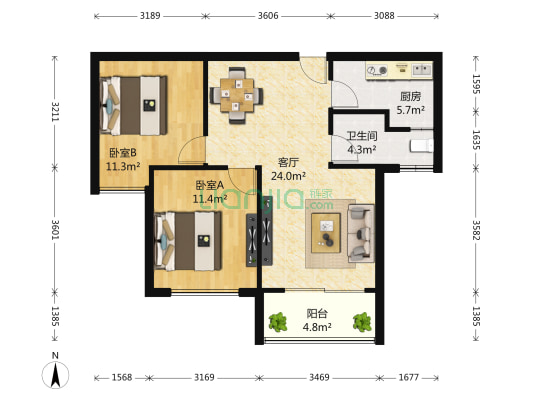 东方蓝海 2室1厅1卫 90平方
