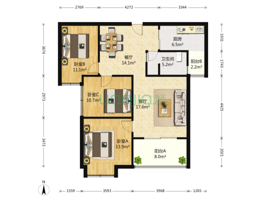 招商雍华府 3室2厅1卫 110平方