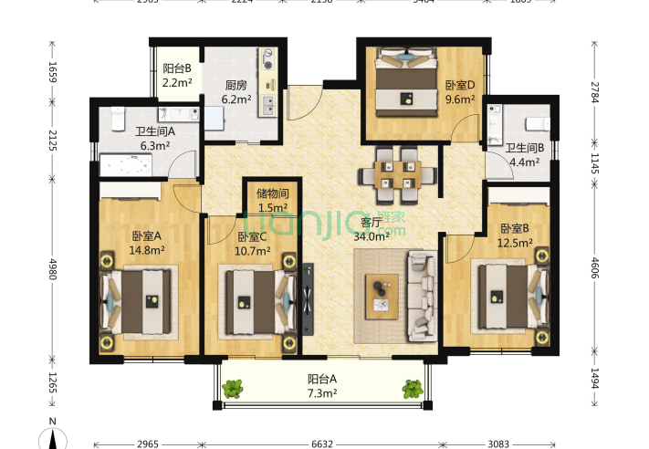 風雅園一區 4室1廳2衛 140㎡ 戶型