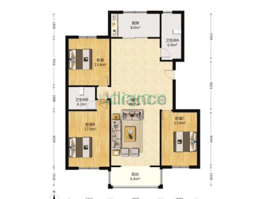 838公交总站旁 钻石商圈 客厅双卧朝南 业主靠谱售-户型图