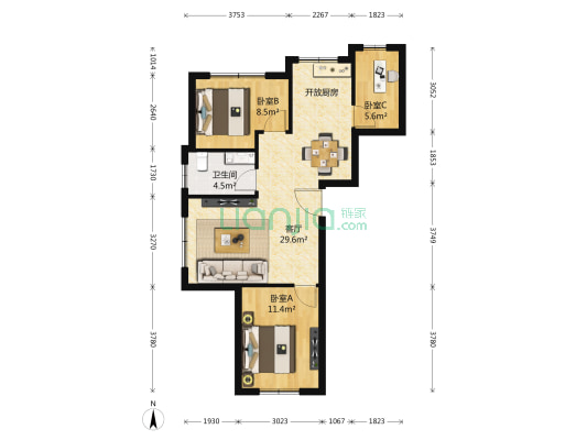 半岛泉水欣座 3室1厅1卫 90平方