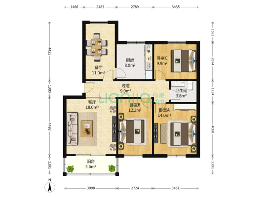 健龙苑 3室2厅1卫 100平方