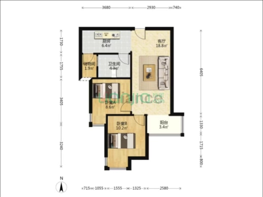 天伦湾嘉园 精装修2居 明厨明卫 集中供暖 带子母车位-户型图
