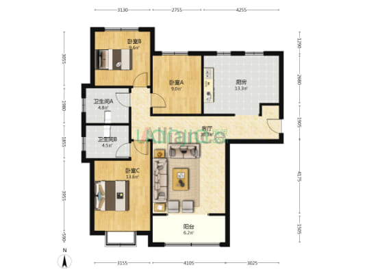 128平洋房 房本满二 毛坯房 户型方正-户型图