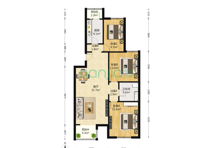 龙腾苑三区3室1厅1卫118㎡