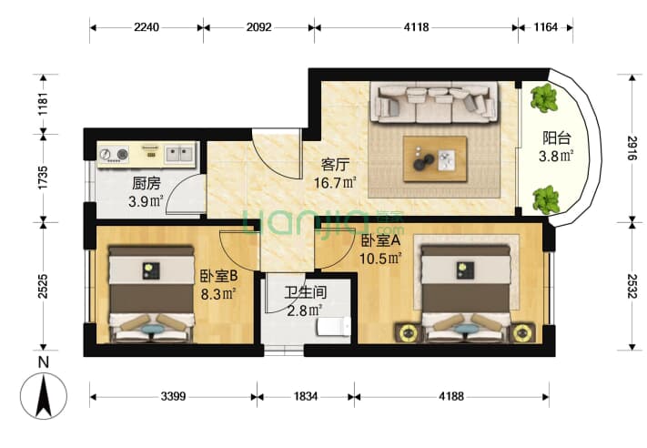 潜龙花园 2室1厅1卫 64㎡ 户型