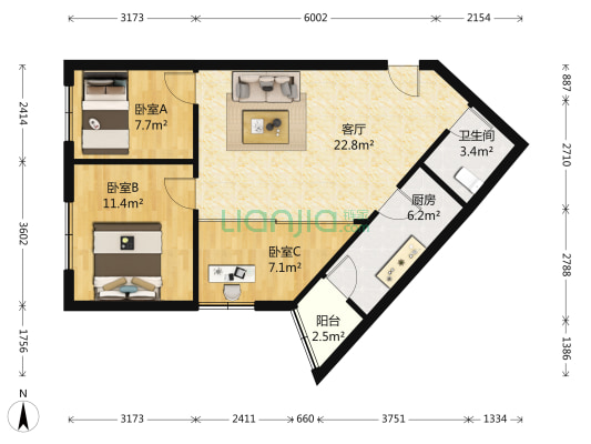 自由左岸 3室1厅1卫 89平方