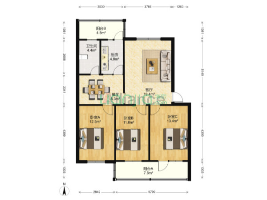 涿州开发区金城花园南北三居室税费低-户型图