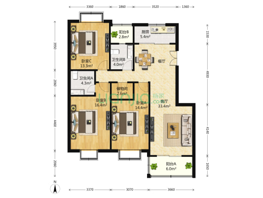 紫薇阁 3室2厅2卫 135平方