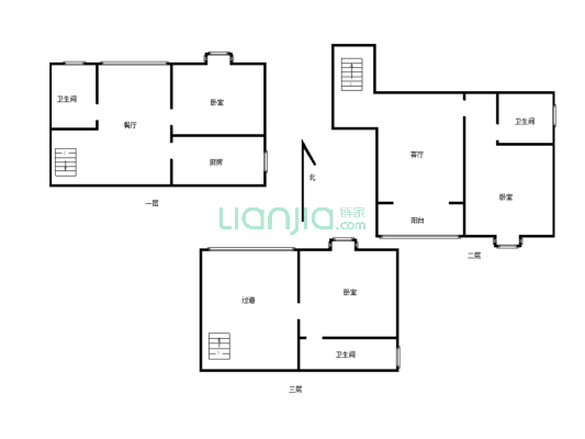 3层跃层，每层都是大套房，带客厅，卧室，阳台，厕所-户型图
